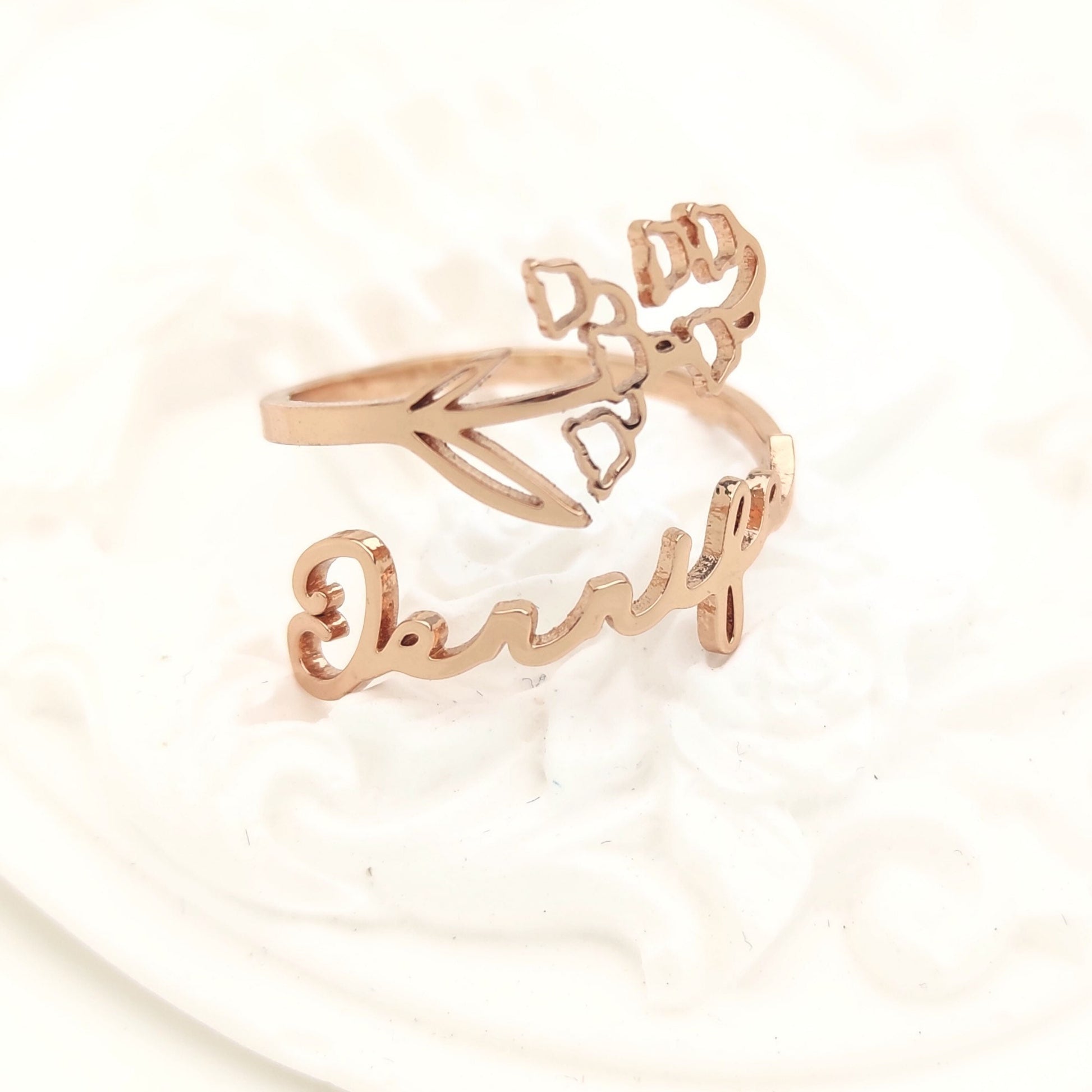 Birth Flower Name Custom Ring, Personalized Stainless Steel Jewelry, Adjustable Engraved Floral Statement Rings, Mother Daughter Gift Set