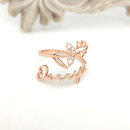 Birth Flower Name Custom Ring, Personalized Stainless Steel Jewelry, Adjustable Engraved Floral Statement Rings, Mother Daughter Gift Set