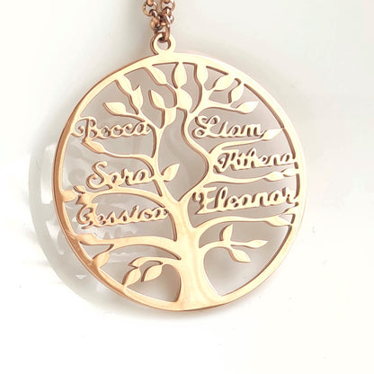 Personalized Family Tree Necklace, Stainless Steel Custom Names Pendant, Engraved Tree of Life Jewelry, Meaningful Mother Day Gift for Mom