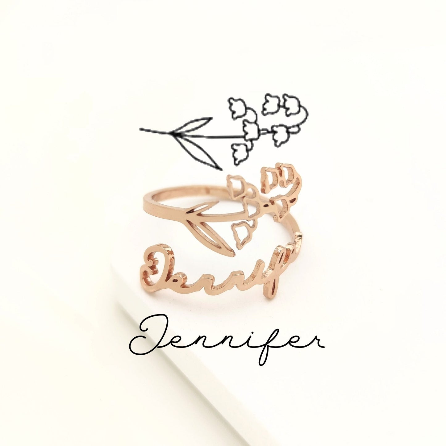 Birth Flower Name Custom Ring, Personalized Stainless Steel Jewelry, Adjustable Engraved Floral Statement Rings, Mother Daughter Gift Set
