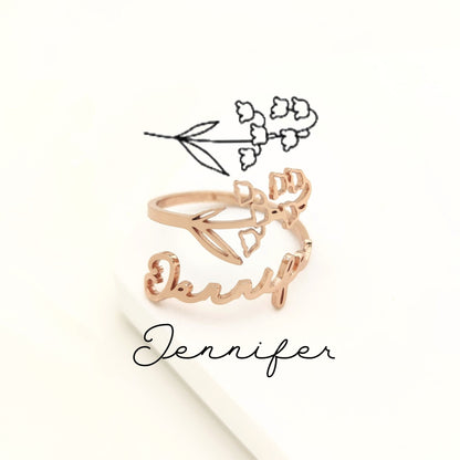 Birth Flower Name Custom Ring, Personalized Stainless Steel Jewelry, Adjustable Engraved Floral Statement Rings, Mother Daughter Gift Set