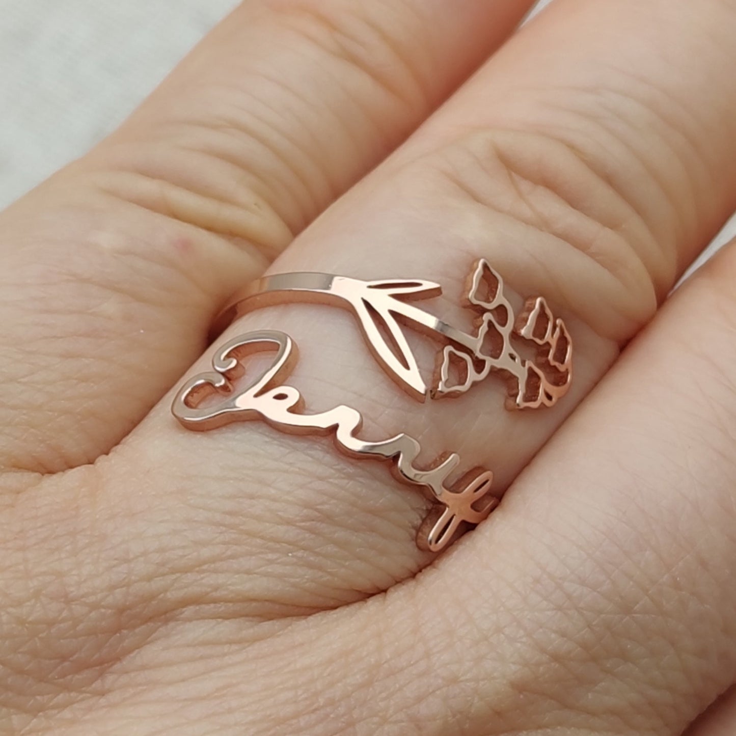 Birth Flower Name Custom Ring, Personalized Stainless Steel Jewelry, Adjustable Engraved Floral Statement Rings, Mother Daughter Gift Set