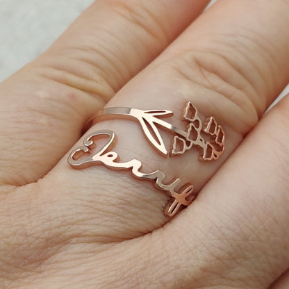 Birth Flower Name Custom Ring, Personalized Stainless Steel Jewelry, Adjustable Engraved Floral Statement Rings, Mother Daughter Gift Set