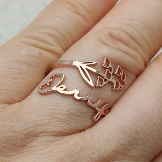 Birth Flower Name Custom Ring, Personalized Stainless Steel Jewelry, Adjustable Engraved Floral Statement Rings, Mother Daughter Gift Set