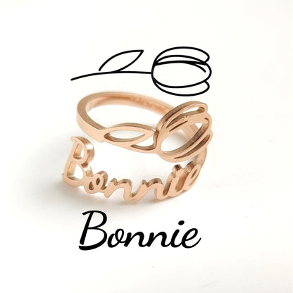 Personalized Tulip Flower Name Ring, Stainless Steel Adjustable Custom Birth Month Floral Jewelry, Unique Mother Day Christmas Gift for Her