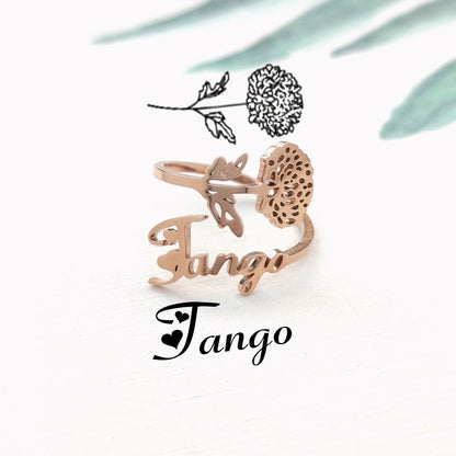 Stainless Steel Custom Initial Birth Flower Ring, Personalized Name Ring, Adjustable Engraved Floral Jewelry, Unique New Mom Gift Idea