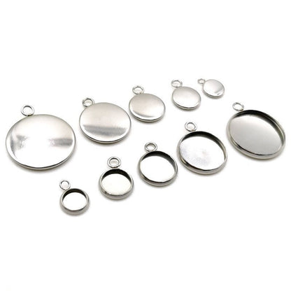 100pcs Stainless Steel 316L Stud Charm Round Bezel Setting Blanks DIY Necklace Pendant Jewelry Findings 6mm to 30mm