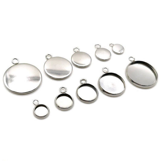 100pcs Stainless Steel 316L Stud Charm Round Bezel Setting Blanks DIY Necklace Pendant Jewelry Findings 6mm to 30mm