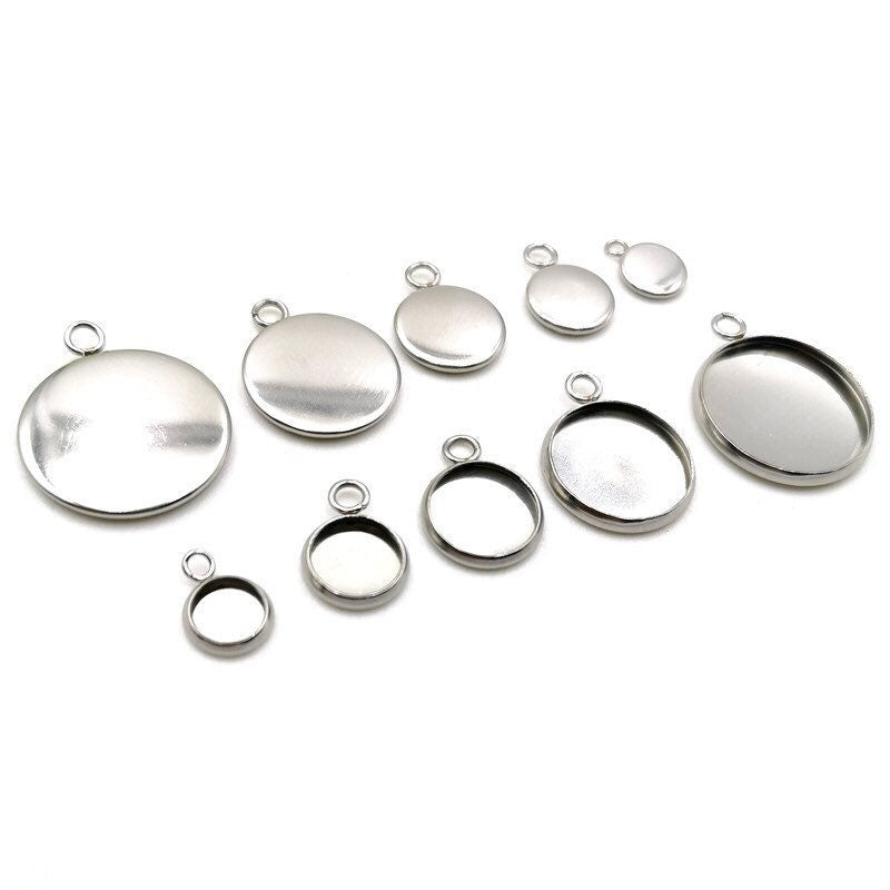100pcs Stainless Steel 316L Stud Charm Round Bezel Setting Blanks DIY Necklace Pendant Jewelry Findings 6mm to 30mm