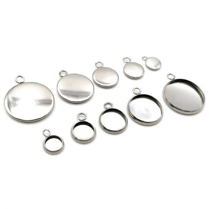 100pcs Stainless Steel 316L Stud Charm Round Bezel Setting Blanks DIY Necklace Pendant Jewelry Findings 6mm to 30mm