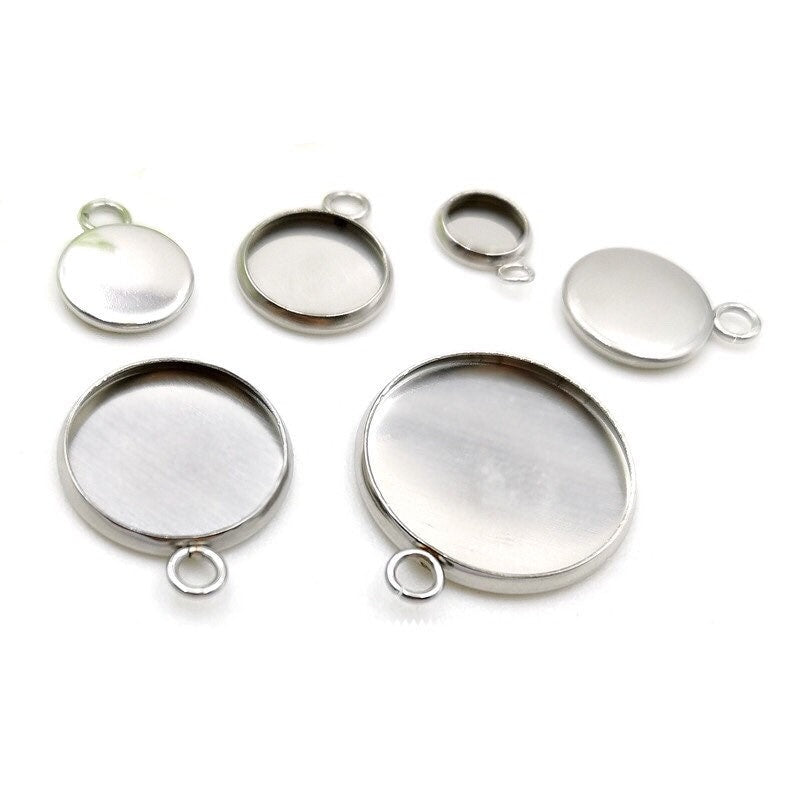 100pcs Stainless Steel 316L Stud Charm Round Bezel Setting Blanks DIY Necklace Pendant Jewelry Findings 6mm to 30mm