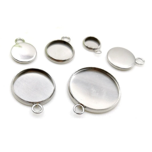 100pcs Stainless Steel 316L Stud Charm Round Bezel Setting Blanks DIY Necklace Pendant Jewelry Findings 6mm to 30mm