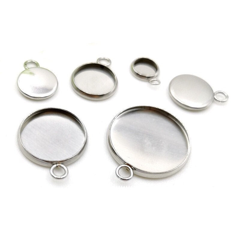 100pcs Stainless Steel 316L Stud Charm Round Bezel Setting Blanks DIY Necklace Pendant Jewelry Findings 6mm to 30mm