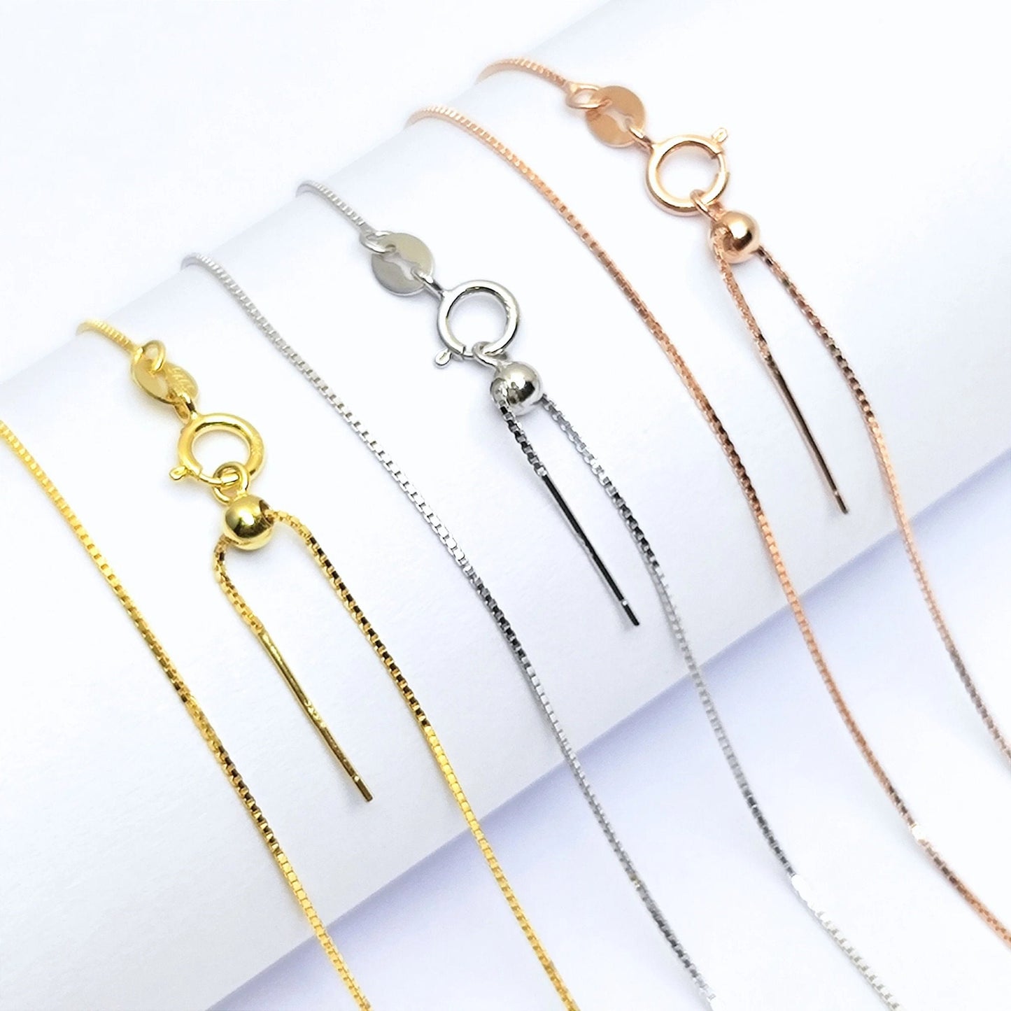 Solid 925 Sterling Silver Adjustable Box Chain Necklace with Pin End for Adding Beads, Tarnish Resistant Slider Chain Wholesale