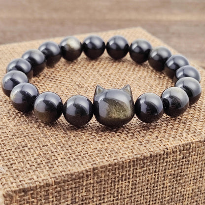 Natural Gold Luster Obsidian Cat Bracelet, Genuine Black Gemstone Bead Strand Handmade Jewelry, Unique Fashion Gift for Cat Lovers