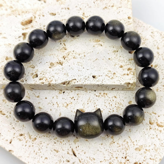 Natural Gold Luster Obsidian Cat Bracelet, Genuine Black Gemstone Bead Strand Handmade Jewelry, Unique Fashion Gift for Cat Lovers