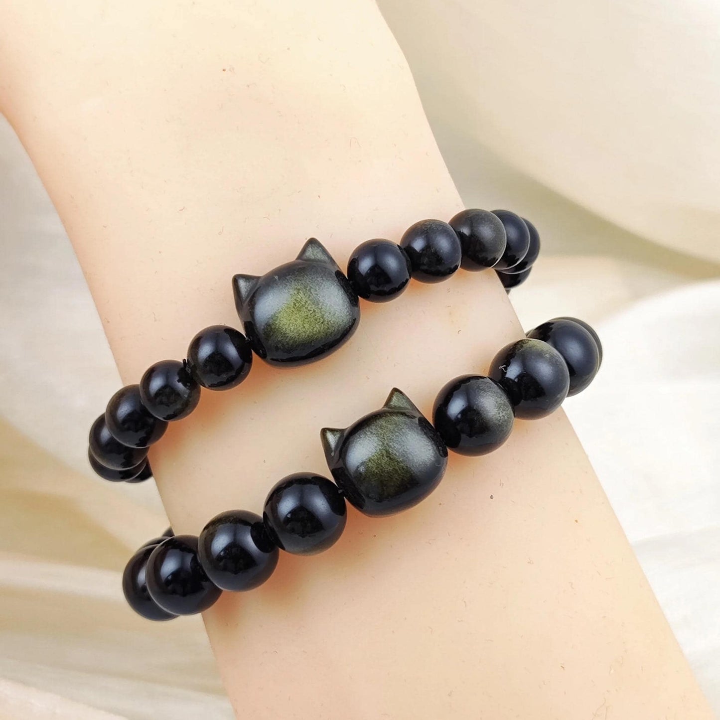 Natural Gold Luster Obsidian Cat Bracelet, Genuine Black Gemstone Bead Strand Handmade Jewelry, Unique Fashion Gift for Cat Lovers
