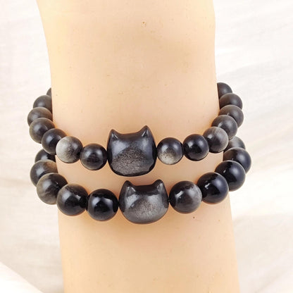 Natural Gold Luster Obsidian Cat Bracelet, Genuine Black Gemstone Bead Strand Handmade Jewelry, Unique Fashion Gift for Cat Lovers