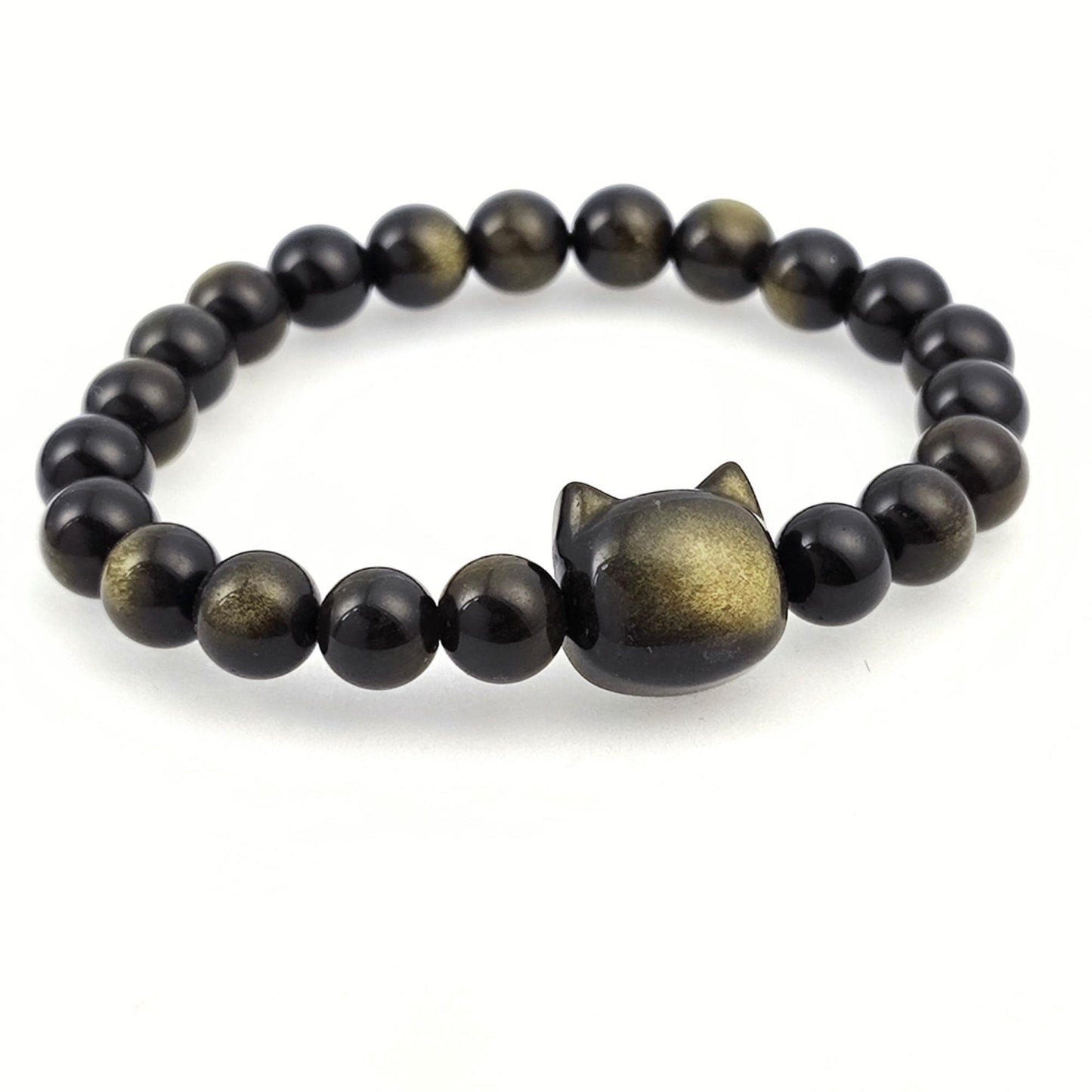 Natural Gold Luster Obsidian Cat Bracelet, Genuine Black Gemstone Bead Strand Handmade Jewelry, Unique Fashion Gift for Cat Lovers