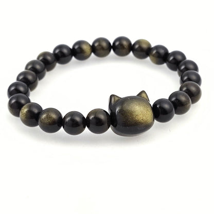 Natural Gold Luster Obsidian Cat Bracelet, Genuine Black Gemstone Bead Strand Handmade Jewelry, Unique Fashion Gift for Cat Lovers