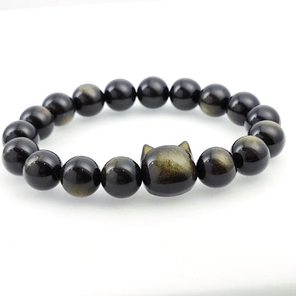 Natural Gold Luster Obsidian Cat Bracelet, Genuine Black Gemstone Bead Strand Handmade Jewelry, Unique Fashion Gift for Cat Lovers