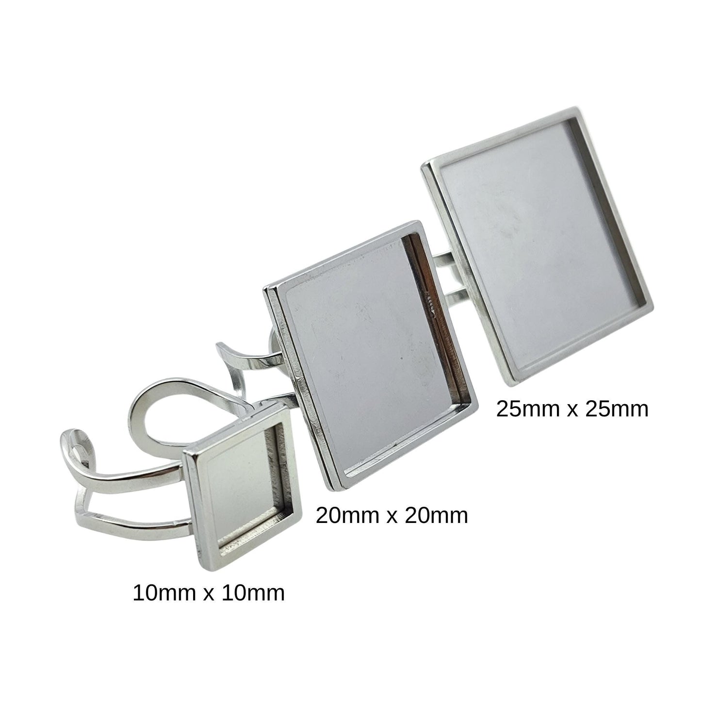 10pcs Stainless Steel 316L Square Thick Rim Ring Bezel Setting Blanks DIY Adjustable Finger Ring Base Jewelry Findings 10mm / 20mm / 25mm