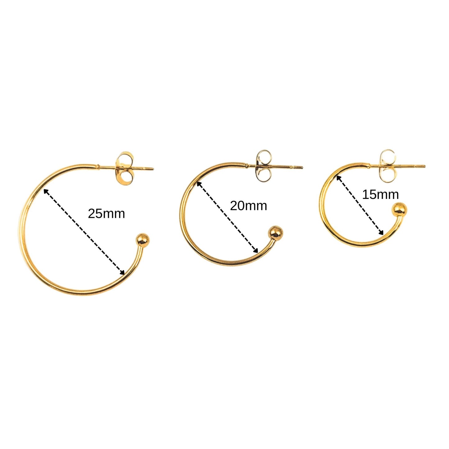 10pcs 15/20/25mm Gold Plated Stainless Steel Hoop C Shape Ball End Earrings Classic Earrings Lightweight Hoop Earrings With Backs DIY