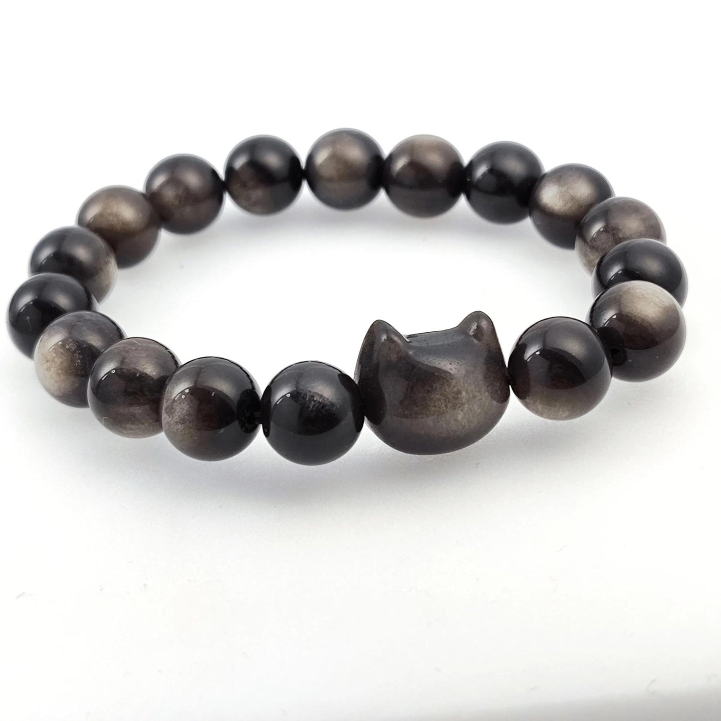 Natural Gold Luster Obsidian Cat Bracelet, Genuine Black Gemstone Bead Strand Handmade Jewelry, Unique Fashion Gift for Cat Lovers