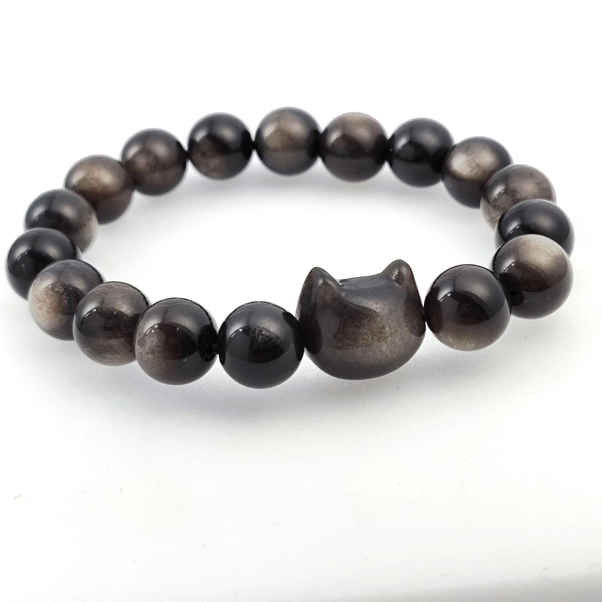 Natural Gold Luster Obsidian Cat Bracelet, Genuine Black Gemstone Bead Strand Handmade Jewelry, Unique Fashion Gift for Cat Lovers