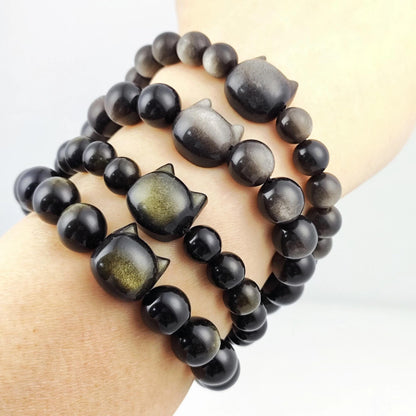 Natural Gold Luster Obsidian Cat Bracelet, Genuine Black Gemstone Bead Strand Handmade Jewelry, Unique Fashion Gift for Cat Lovers