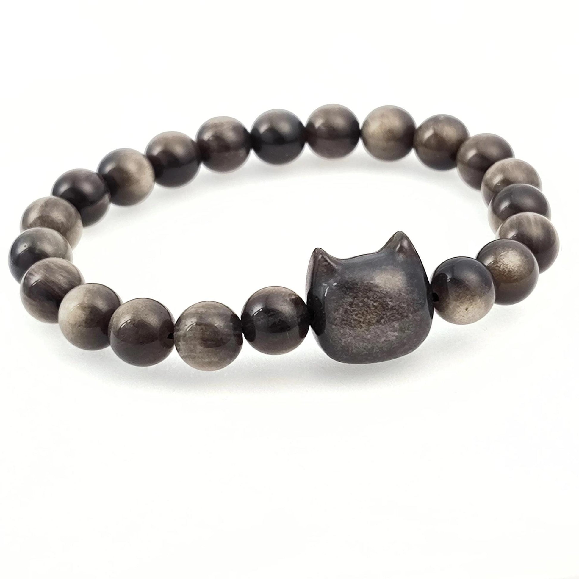 Natural Gold Luster Obsidian Cat Bracelet, Genuine Black Gemstone Bead Strand Handmade Jewelry, Unique Fashion Gift for Cat Lovers