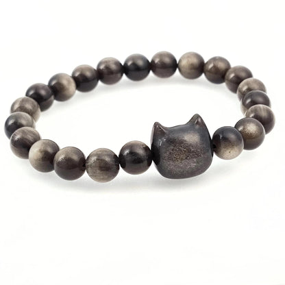 Natural Gold Luster Obsidian Cat Bracelet, Genuine Black Gemstone Bead Strand Handmade Jewelry, Unique Fashion Gift for Cat Lovers