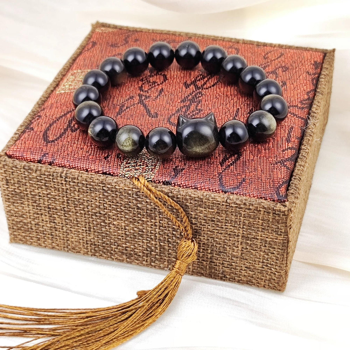 Natural Gold Luster Obsidian Cat Bracelet, Genuine Black Gemstone Bead Strand Handmade Jewelry, Unique Fashion Gift for Cat Lovers