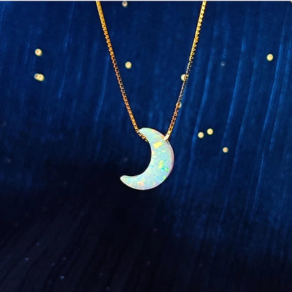 Opal moon Necklace Fire Opal Crescent Moon Charm Pendant Sterling Silver Box Necklace White, Blue, Dark Blue Options 0.65mm chain width