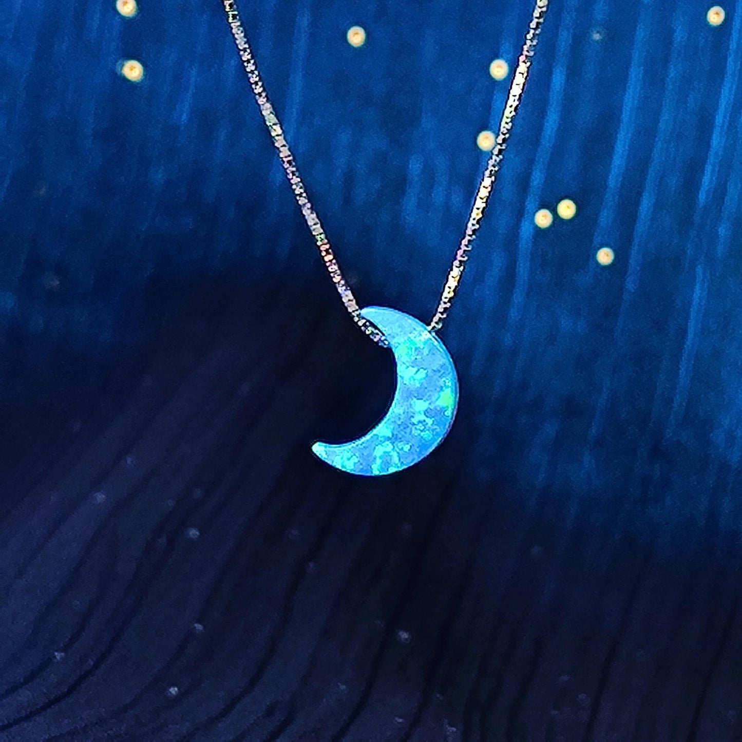 Opal moon Necklace Fire Opal Crescent Moon Charm Pendant Sterling Silver Box Necklace White, Blue, Dark Blue Options 0.65mm chain width