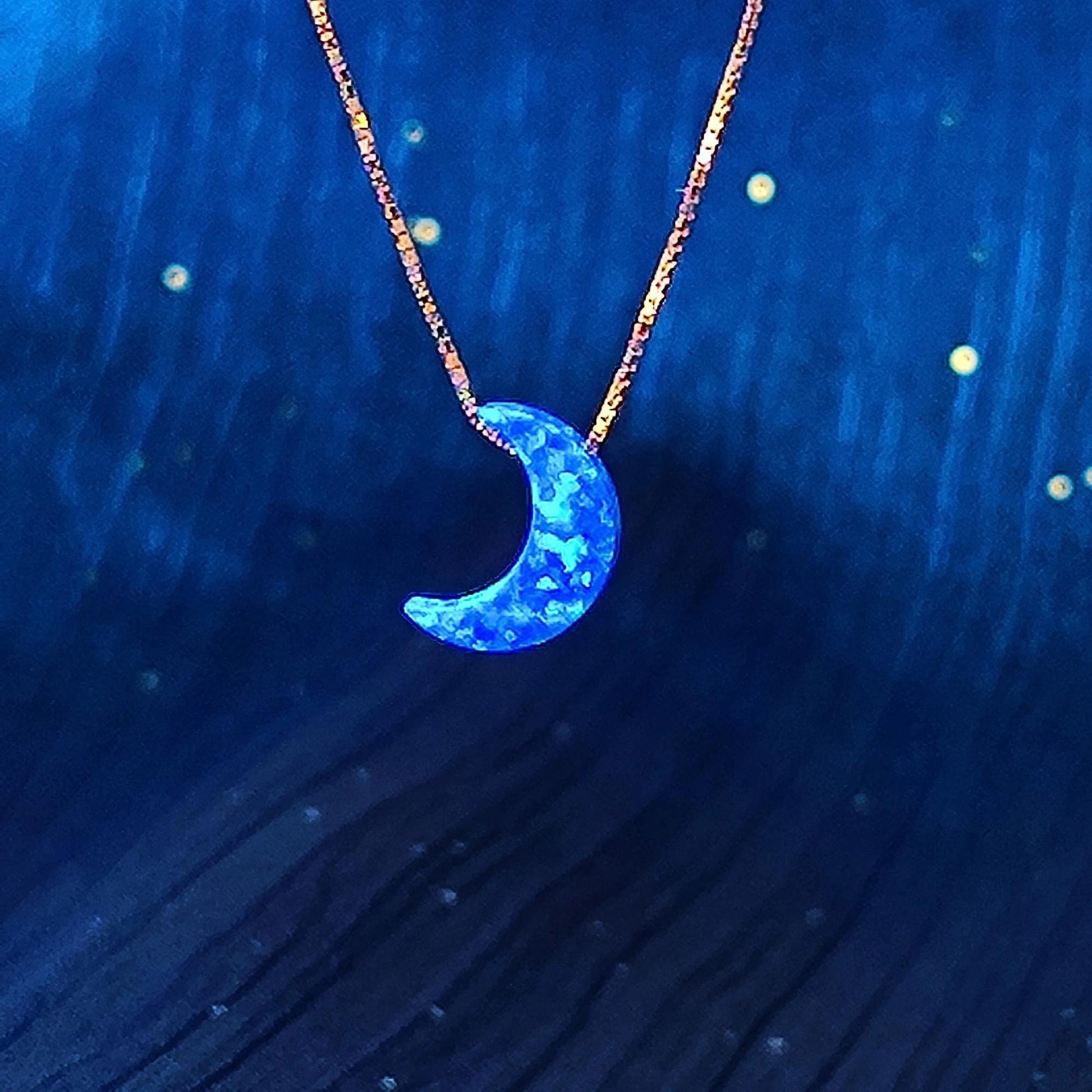 Opal moon Necklace Fire Opal Crescent Moon Charm Pendant Sterling Silver Box Necklace White, Blue, Dark Blue Options 0.65mm chain width
