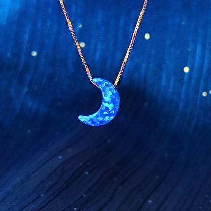 Opal moon Necklace Fire Opal Crescent Moon Charm Pendant Sterling Silver Box Necklace White, Blue, Dark Blue Options 0.65mm chain width