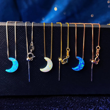 Opal moon Necklace Fire Opal Crescent Moon Charm Pendant Sterling Silver Box Necklace White, Blue, Dark Blue Options 0.65mm chain width
