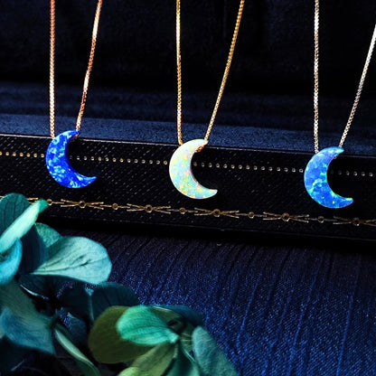 Opal moon Necklace Fire Opal Crescent Moon Charm Pendant Sterling Silver Box Necklace White, Blue, Dark Blue Options 0.65mm chain width
