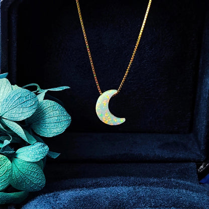 Opal moon Necklace Fire Opal Crescent Moon Charm Pendant Sterling Silver Box Necklace White, Blue, Dark Blue Options 0.65mm chain width