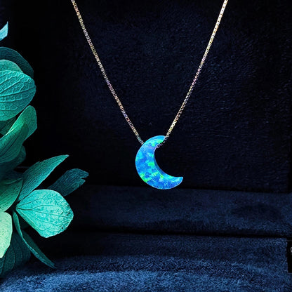 Opal moon Necklace Fire Opal Crescent Moon Charm Pendant Sterling Silver Box Necklace White, Blue, Dark Blue Options 0.65mm chain width