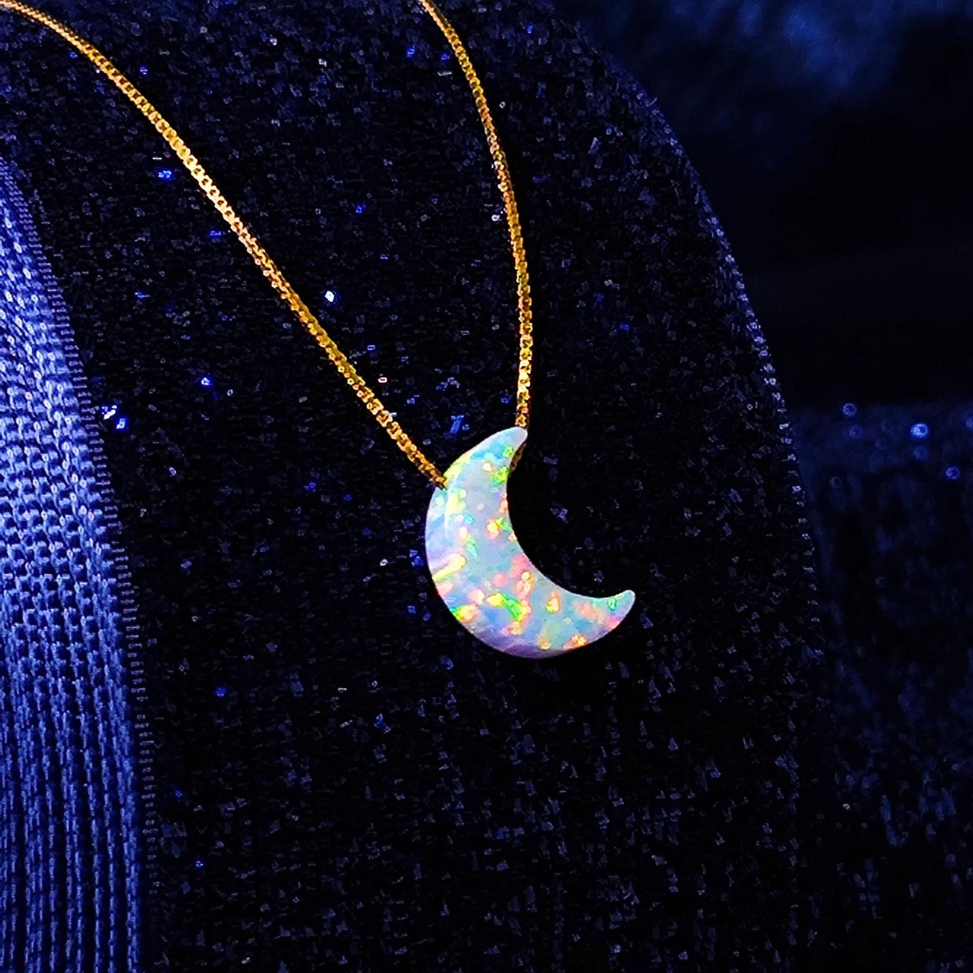 Opal moon Necklace Fire Opal Crescent Moon Charm Pendant Sterling Silver Box Necklace White, Blue, Dark Blue Options 0.65mm chain width