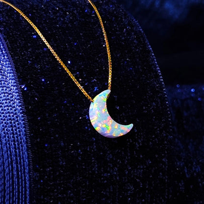 Opal moon Necklace Fire Opal Crescent Moon Charm Pendant Sterling Silver Box Necklace White, Blue, Dark Blue Options 0.65mm chain width