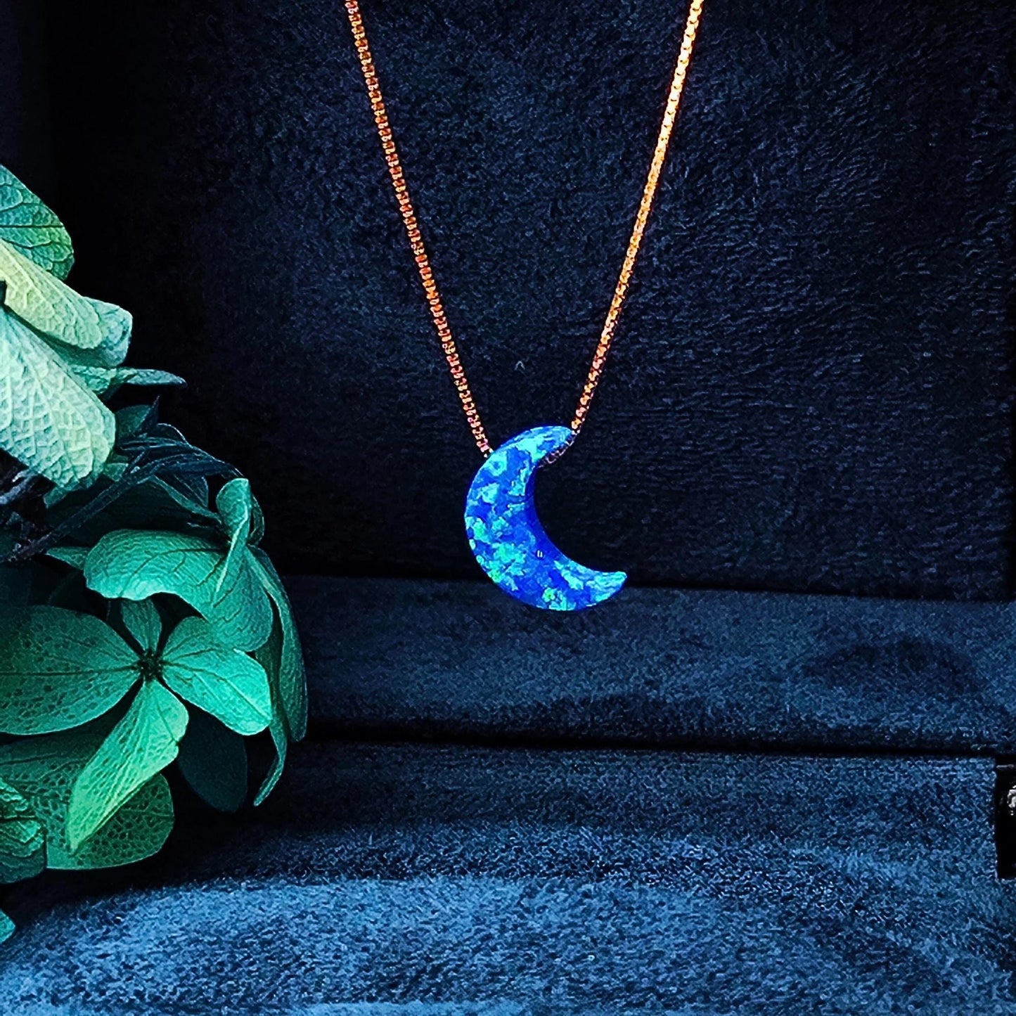 Opal moon Necklace Fire Opal Crescent Moon Charm Pendant Sterling Silver Box Necklace White, Blue, Dark Blue Options 0.65mm chain width