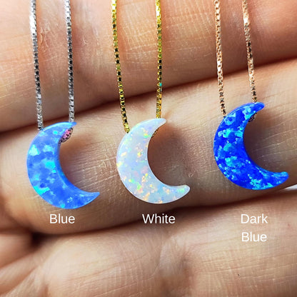 Opal moon Necklace Fire Opal Crescent Moon Charm Pendant Sterling Silver Box Necklace White, Blue, Dark Blue Options 0.65mm chain width
