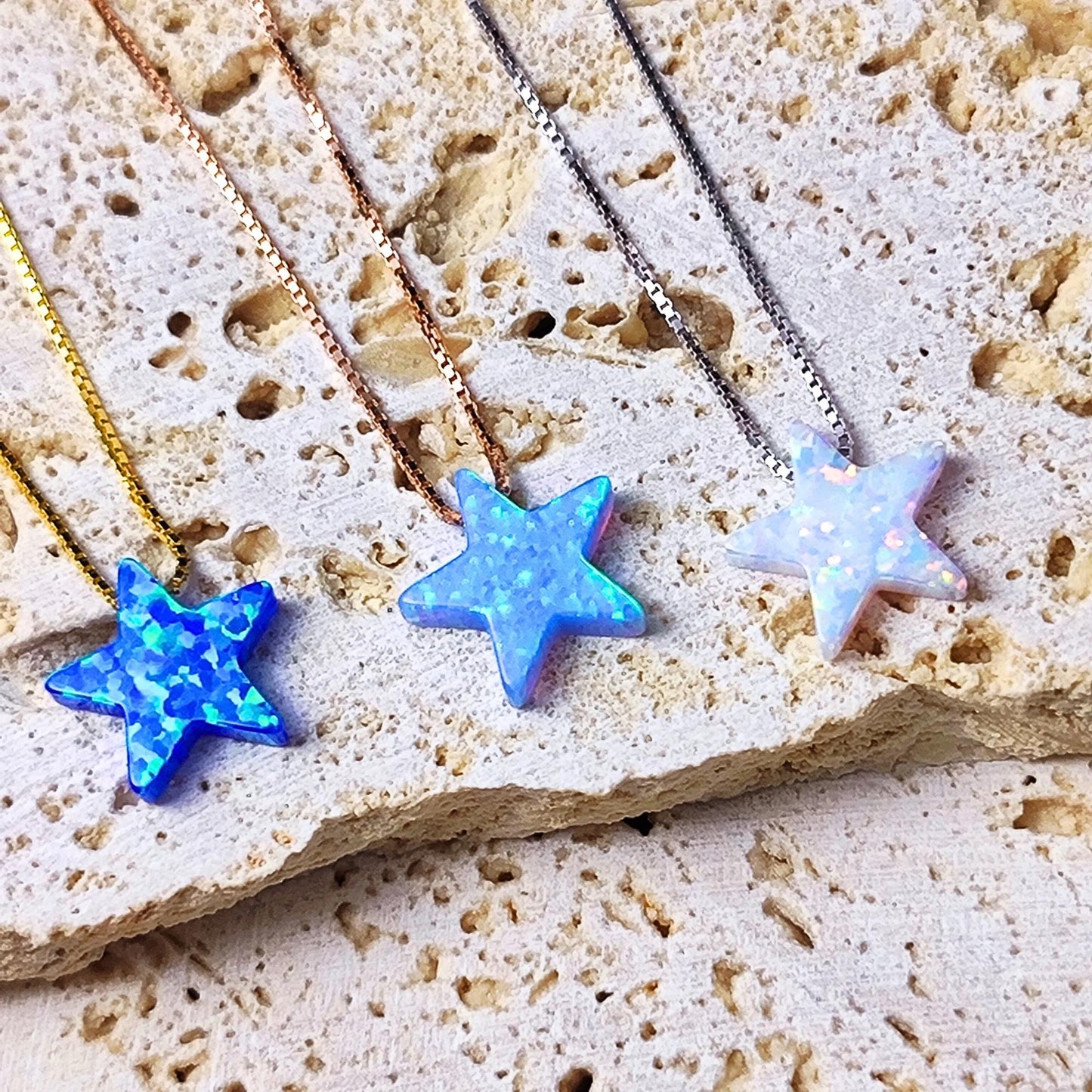 Opal Star Necklace Fire Opal Star Charm Pendant Sterling Silver Box Necklace White, Blue, Dark Blue Options