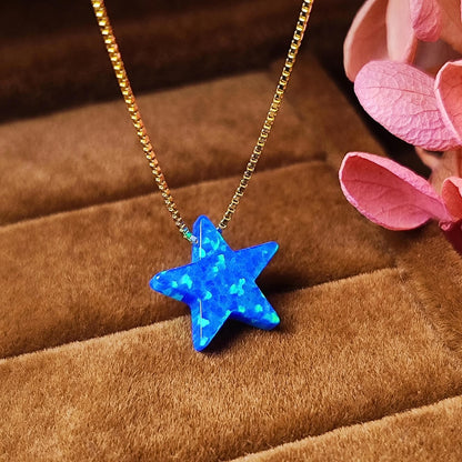 Opal Star Necklace Fire Opal Star Charm Pendant Sterling Silver Box Necklace White, Blue, Dark Blue Options