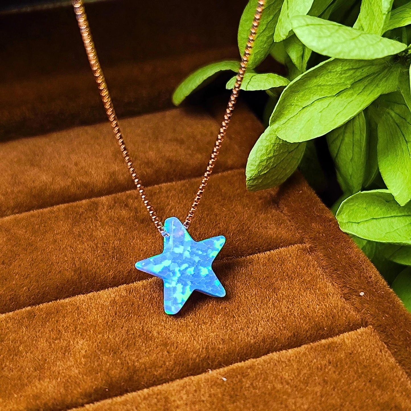 Opal Star Necklace Fire Opal Star Charm Pendant Sterling Silver Box Necklace White, Blue, Dark Blue Options