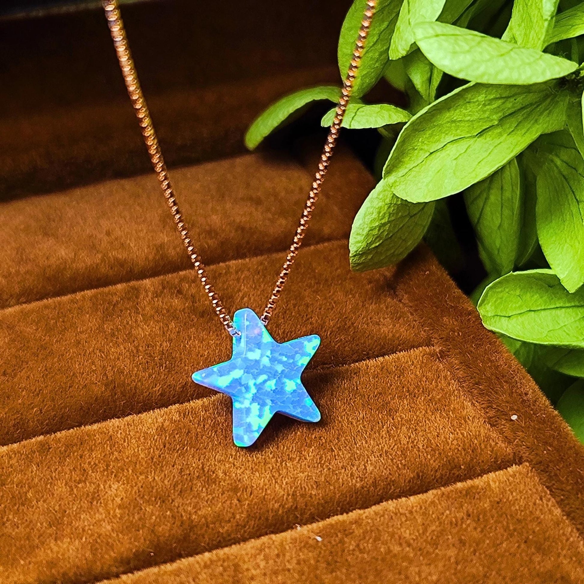 Opal Star Necklace Fire Opal Star Charm Pendant Sterling Silver Box Necklace White, Blue, Dark Blue Options