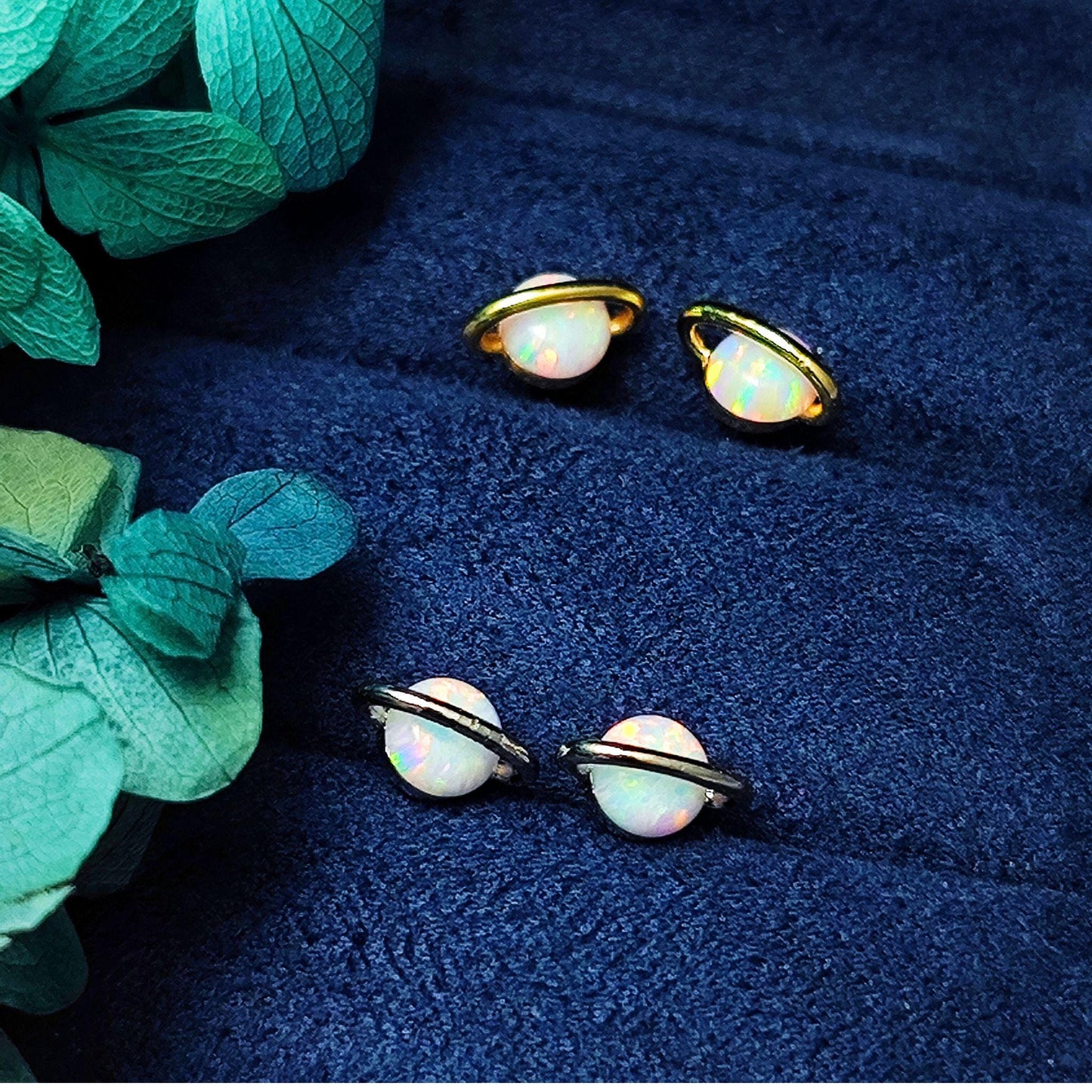 White Fire Opal Saturn Stud Earrings Sterling Silver Post Gold Plated White Opal Planet Stud Earrings Minimalist